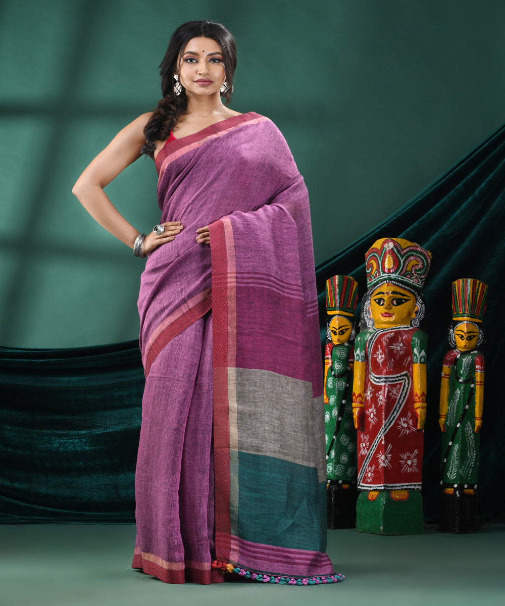 Purple red handloom linen bengal saree