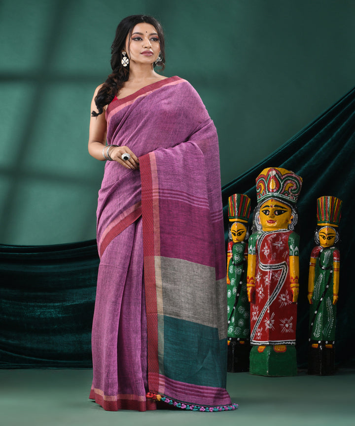 Purple red handloom linen bengal saree