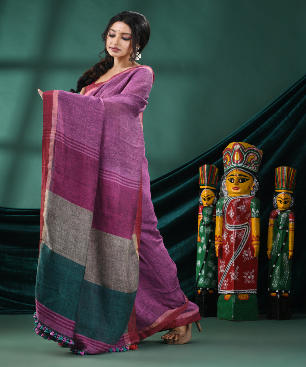 Purple red handloom linen bengal saree