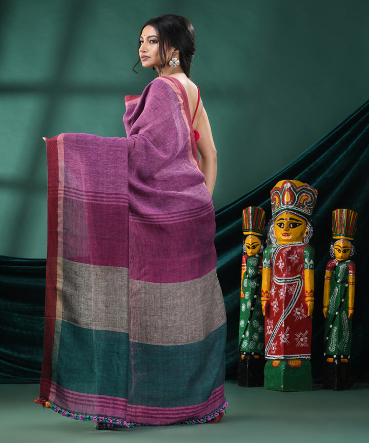 Purple red handloom linen bengal saree