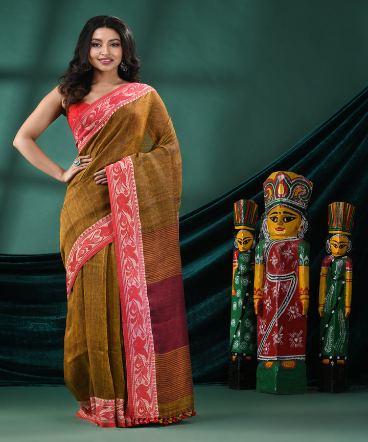 Mustard red handloom linen bengal saree