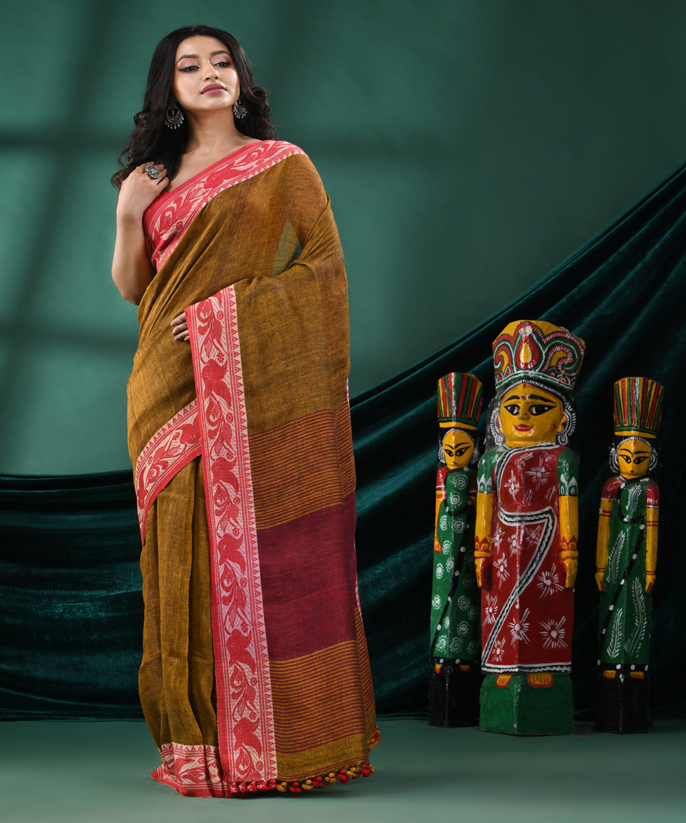 Mustard red handloom linen bengal saree