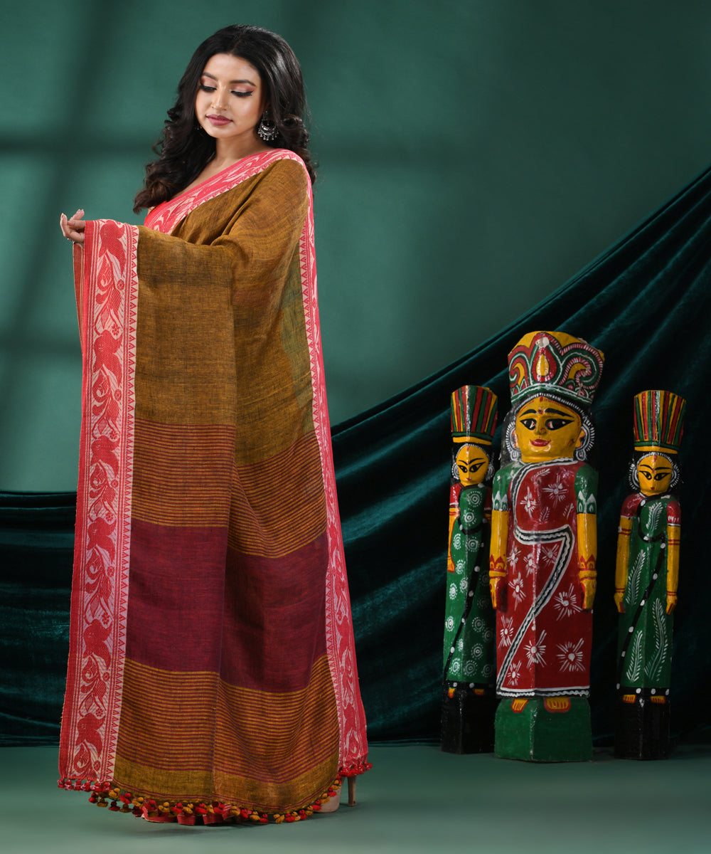 Mustard red handloom linen bengal saree