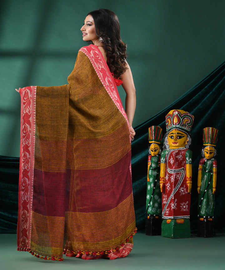 Mustard red handloom linen bengal saree