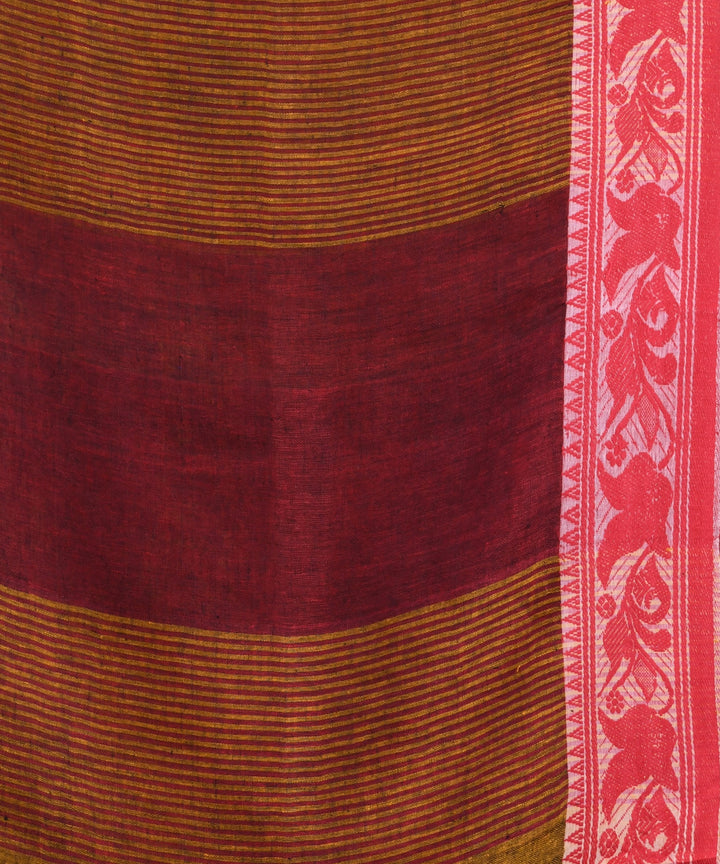 Mustard red handloom linen bengal saree