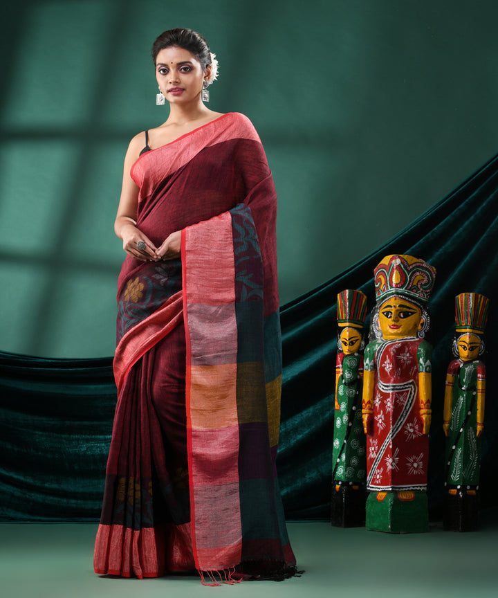 Maroon red handloom linen bengal saree