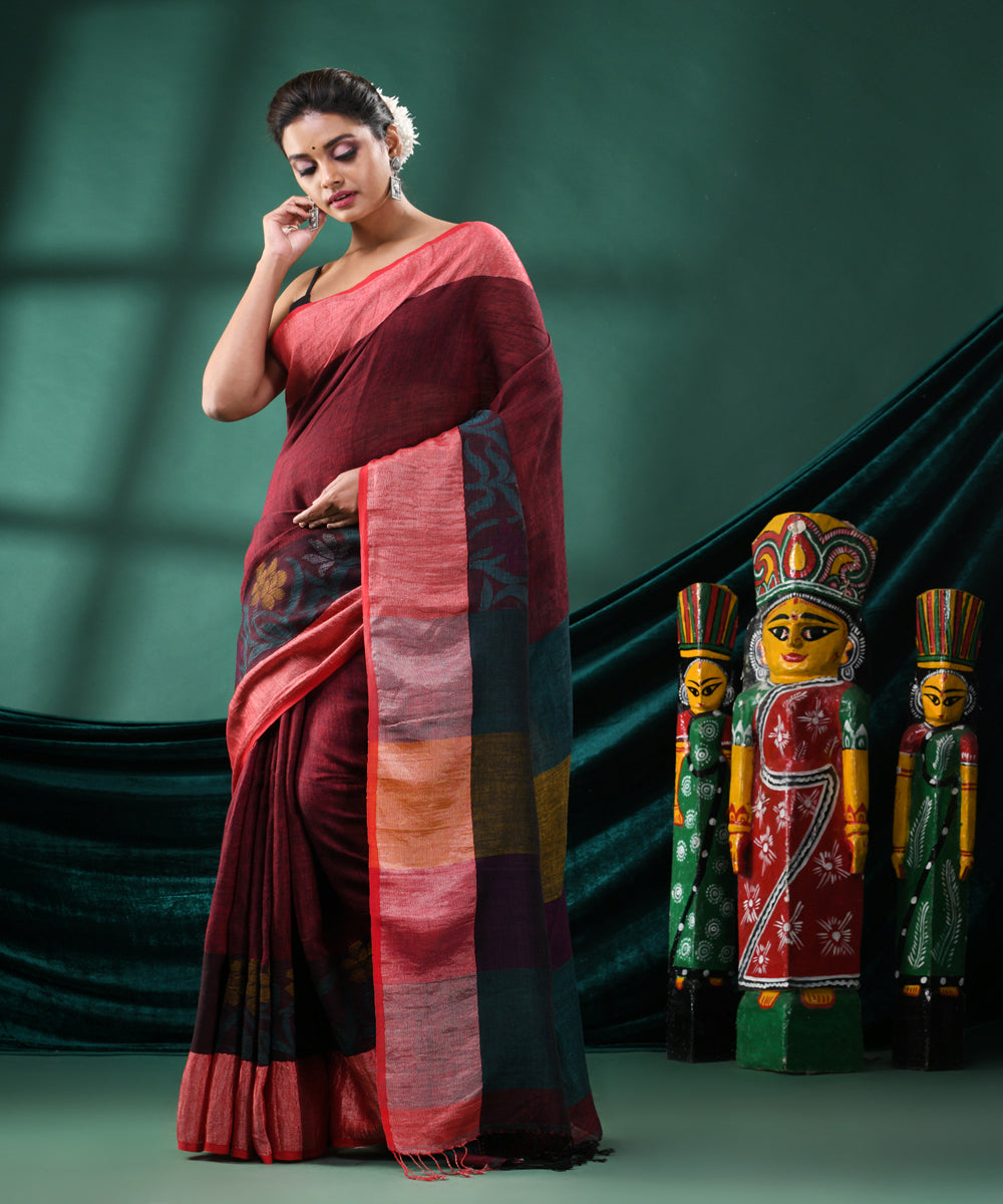 Maroon red handloom linen bengal saree