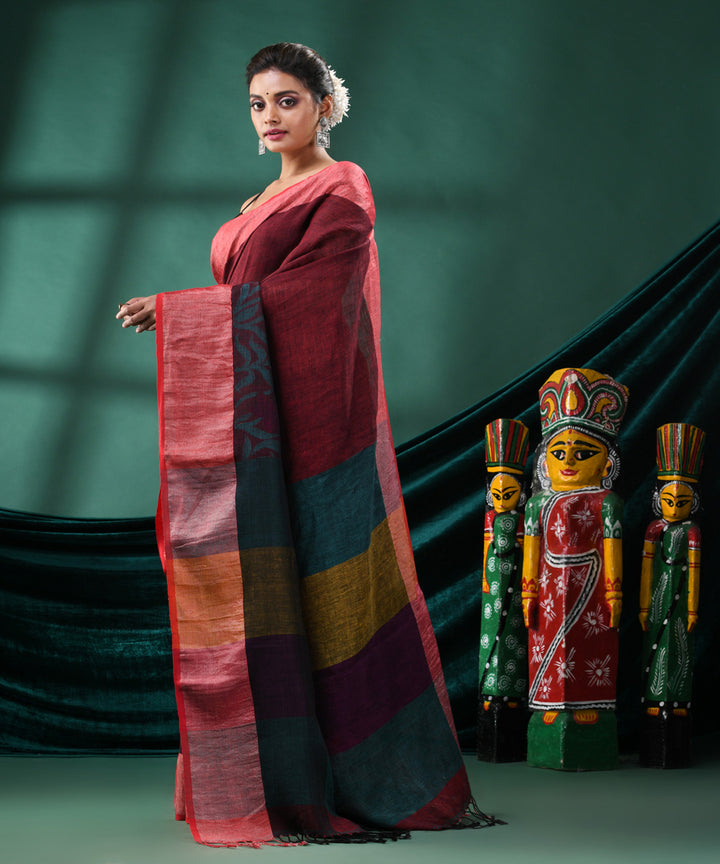 Maroon wide border handloom bengal linen saree