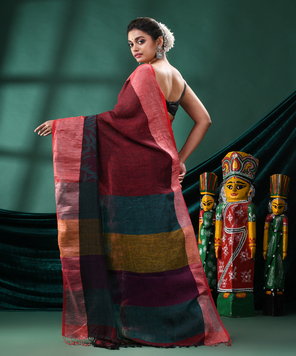 Maroon wide border handloom bengal linen saree