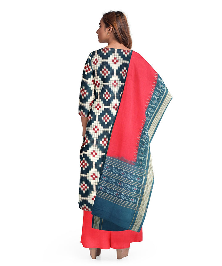 Cyan blue white red handwoven cotton sambalpuri dress material