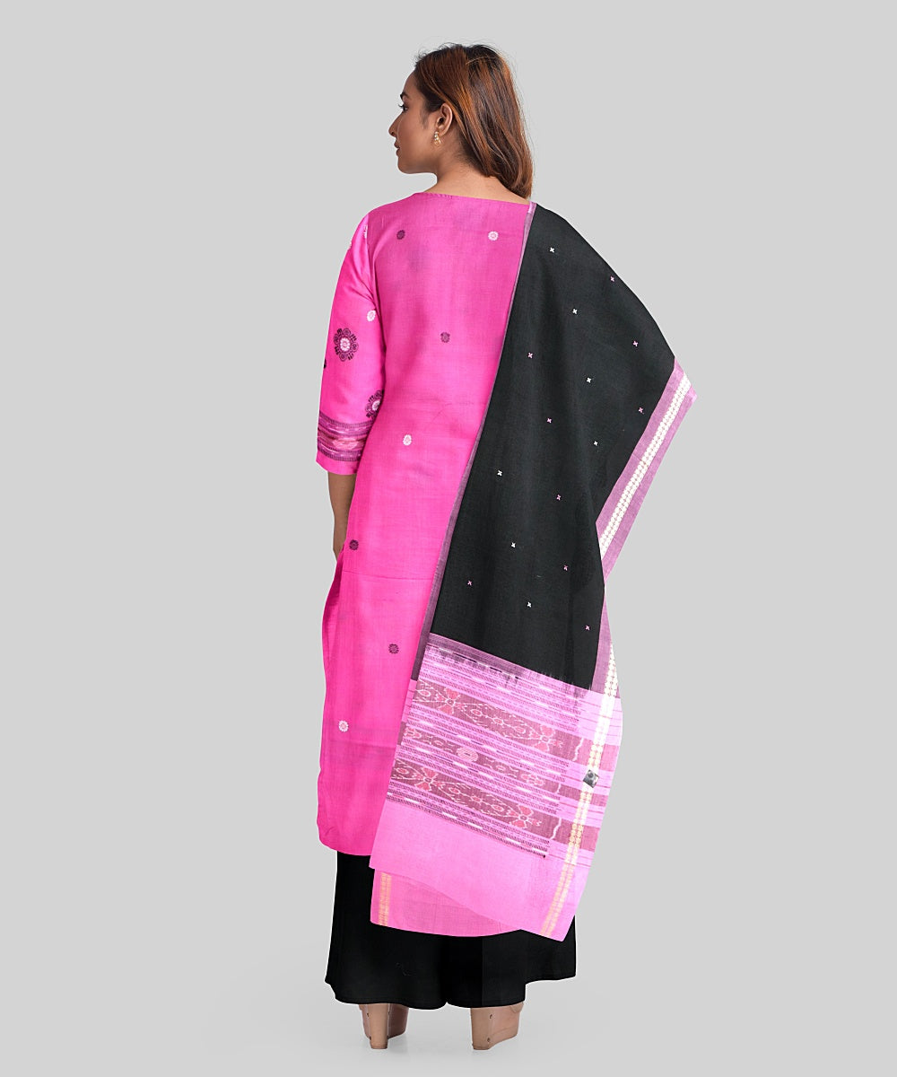 Pink black handloom cotton silk bomkai dress material