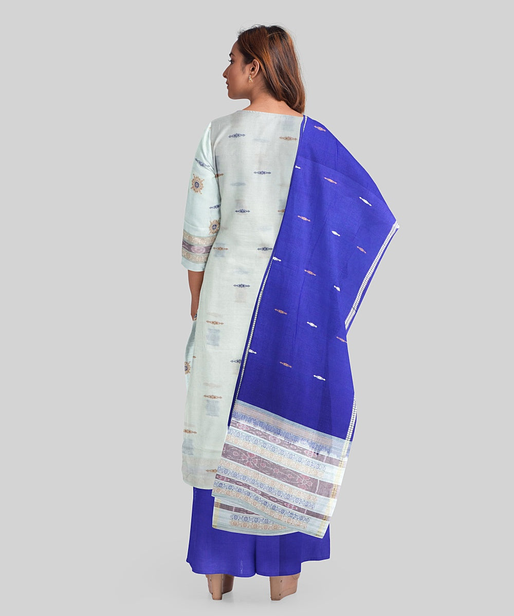 White navy blue handloom cotton silk bomkai dress material