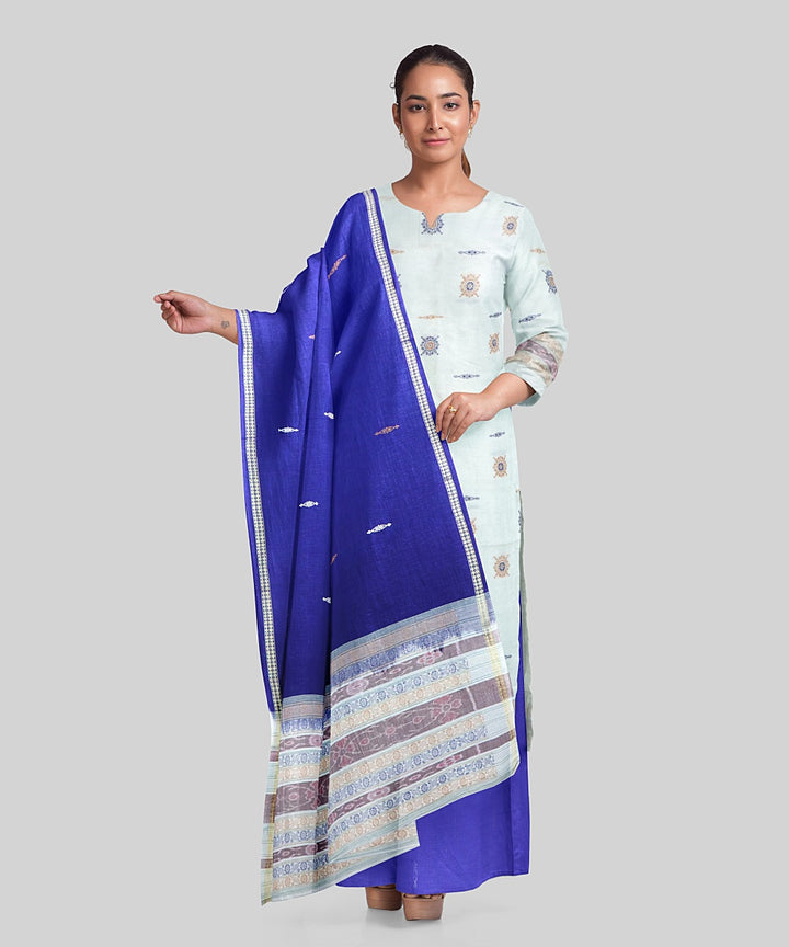 White navy blue handloom cotton silk bomkai dress material