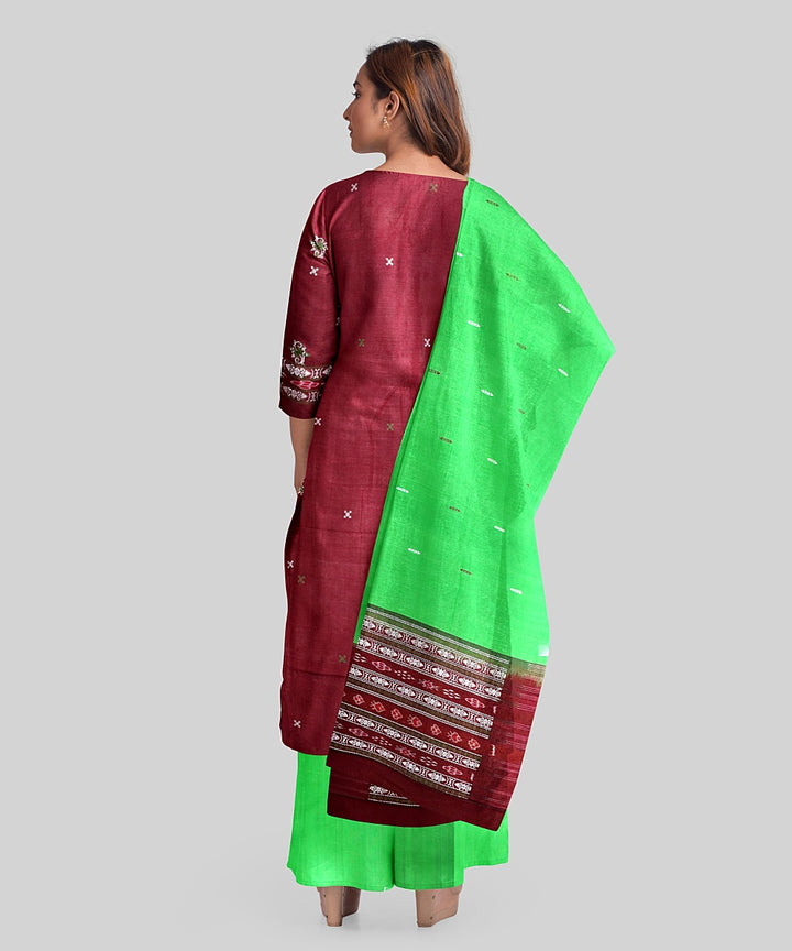 Brown green handloom cotton silk bomkai dress material