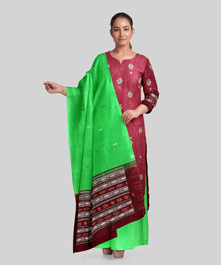 Brown green handloom cotton silk bomkai dress material