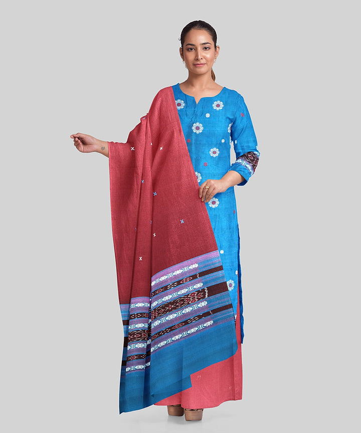 Cyan blue brown handloom cotton silk bomkai dress material