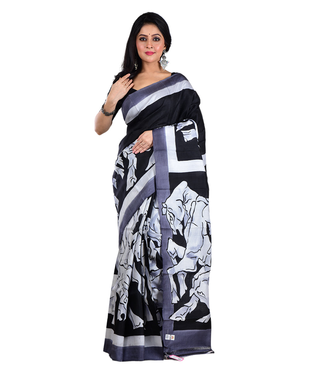 Black white silk hand painted saree