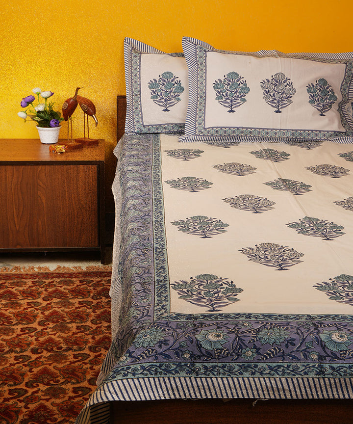 White blue hand block print cotton bedsheet