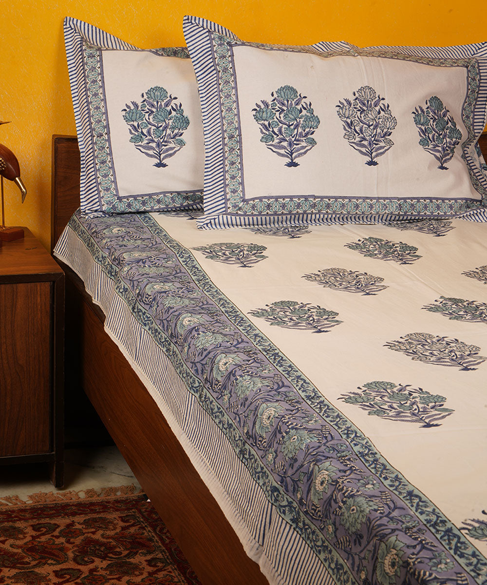 White blue hand block print cotton bedsheet