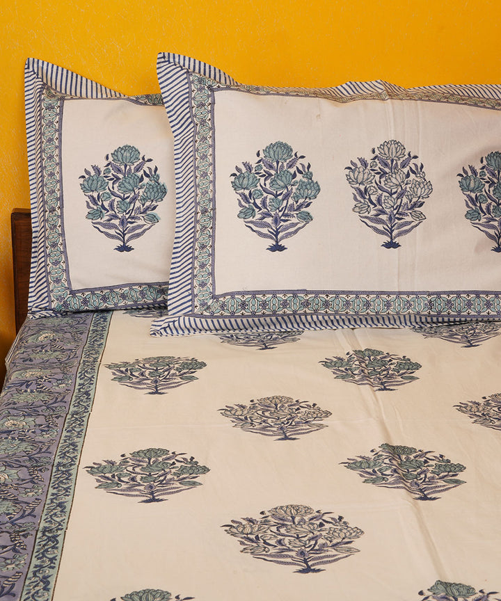 White blue hand block print cotton bedsheet