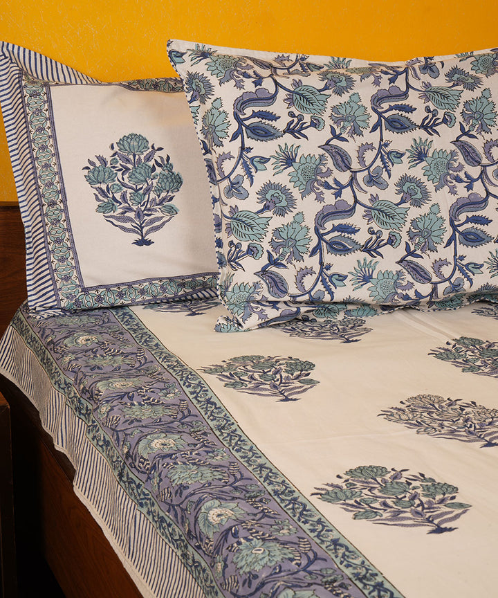 White blue hand block print cotton bedsheet