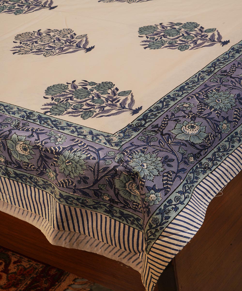 White blue hand block print cotton bedsheet