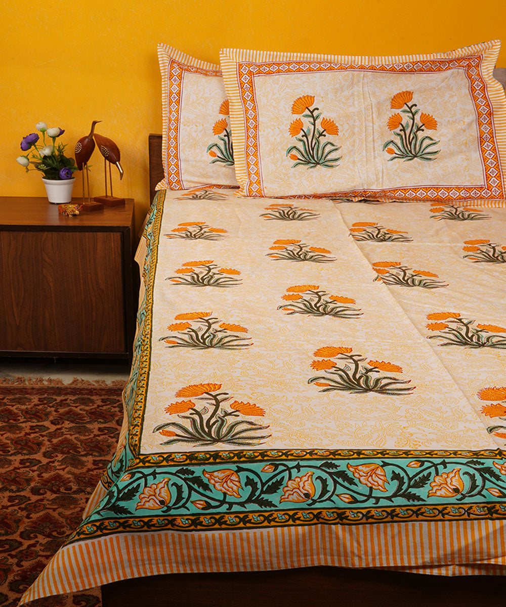 White orange hand block print cotton bedsheet