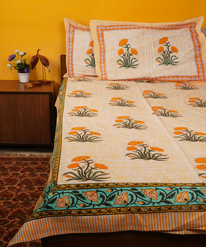 White orange hand block print cotton bedsheet