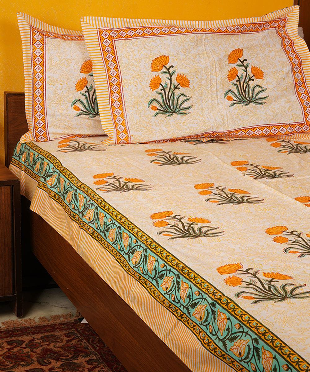 White orange hand block print cotton bedsheet