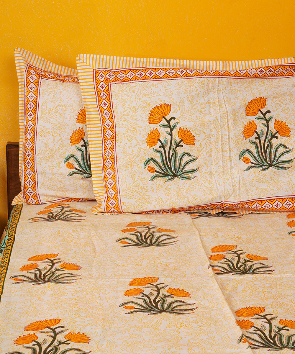 White orange hand block print cotton bedsheet