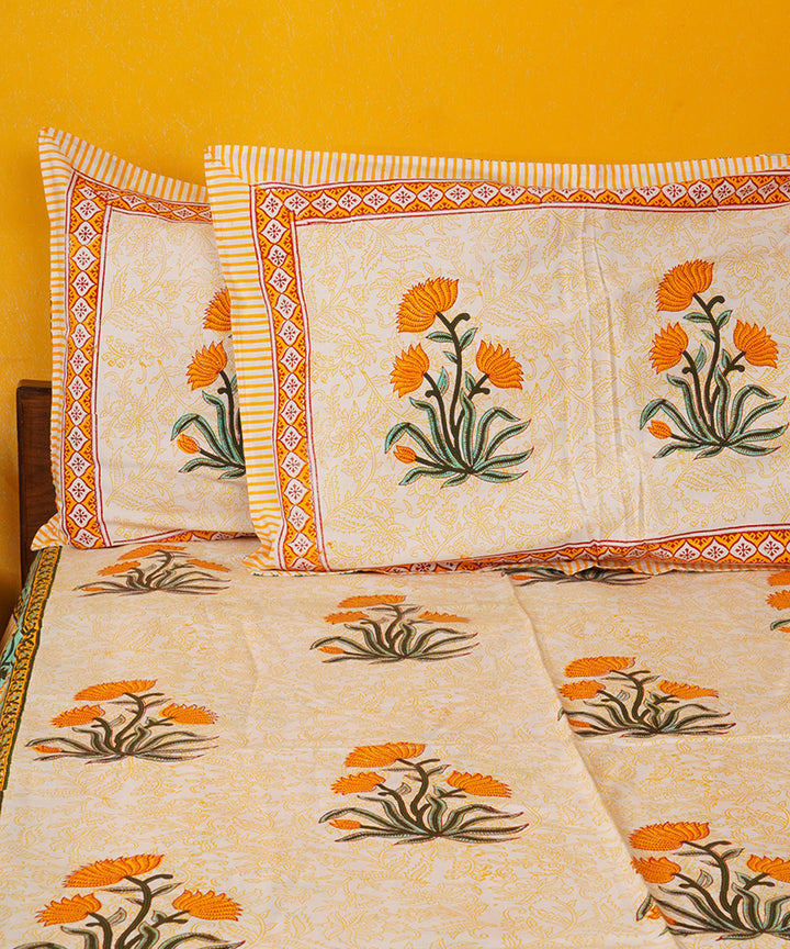 White orange hand block print cotton bedsheet