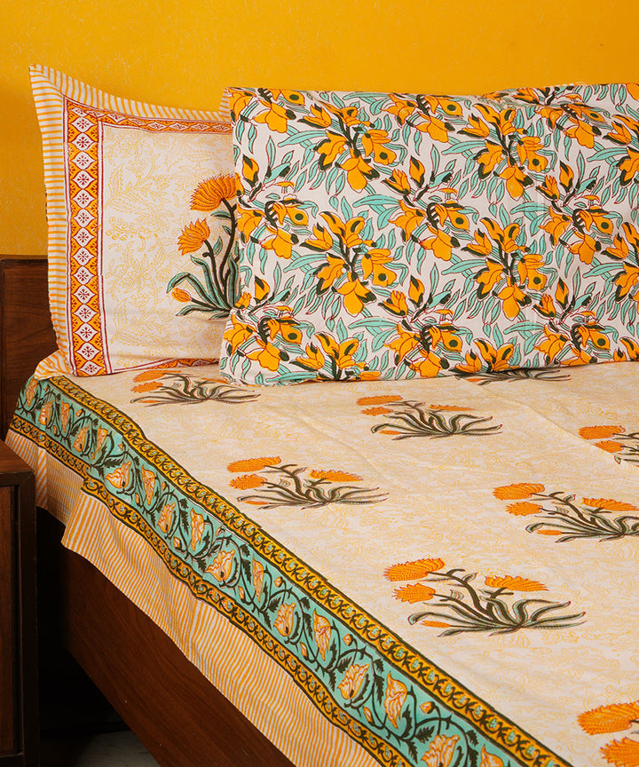White orange hand block print cotton bedsheet