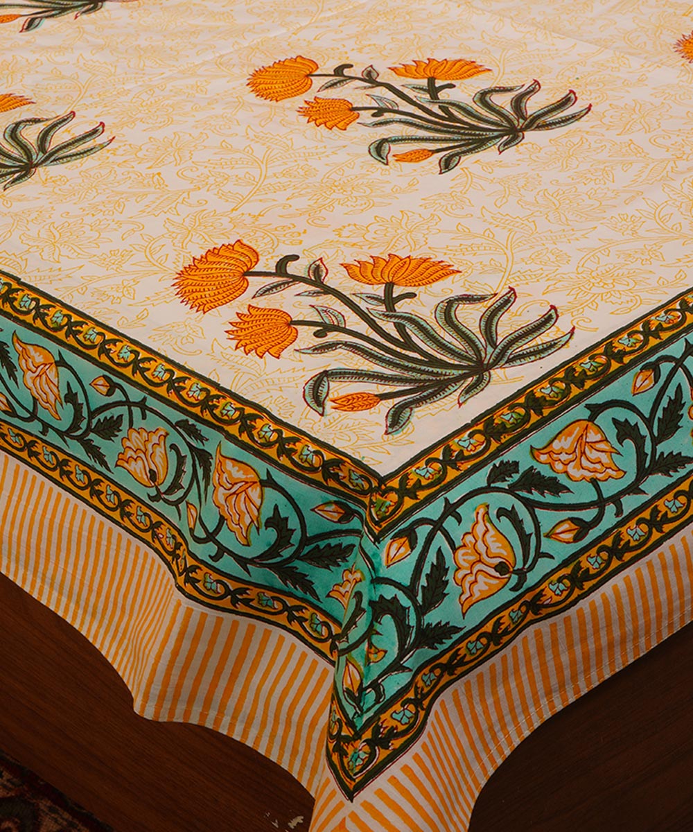 White orange hand block print cotton bedsheet