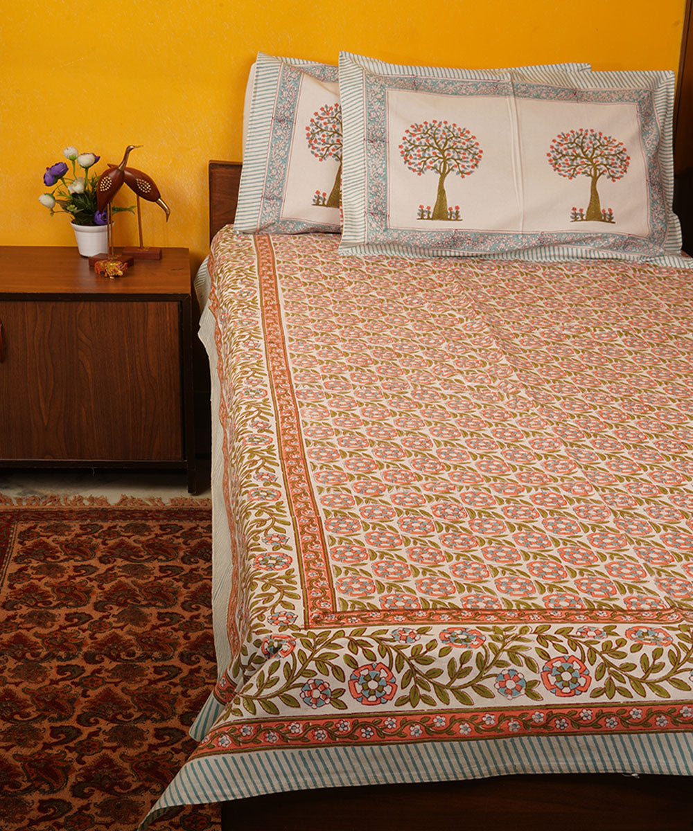 White green brown hand block print cotton bedsheet