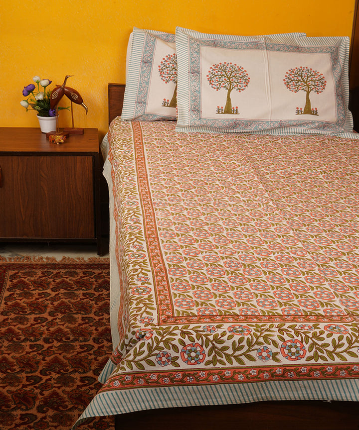 White green brown hand block print cotton bedsheet