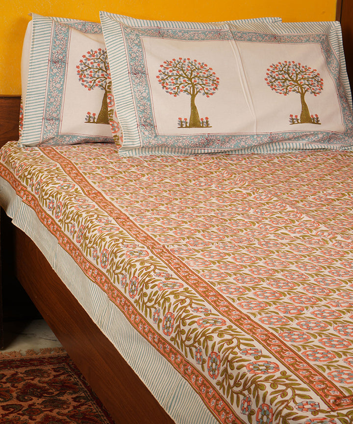 White green brown hand block print cotton bedsheet