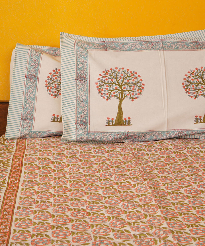White green brown hand block print cotton bedsheet