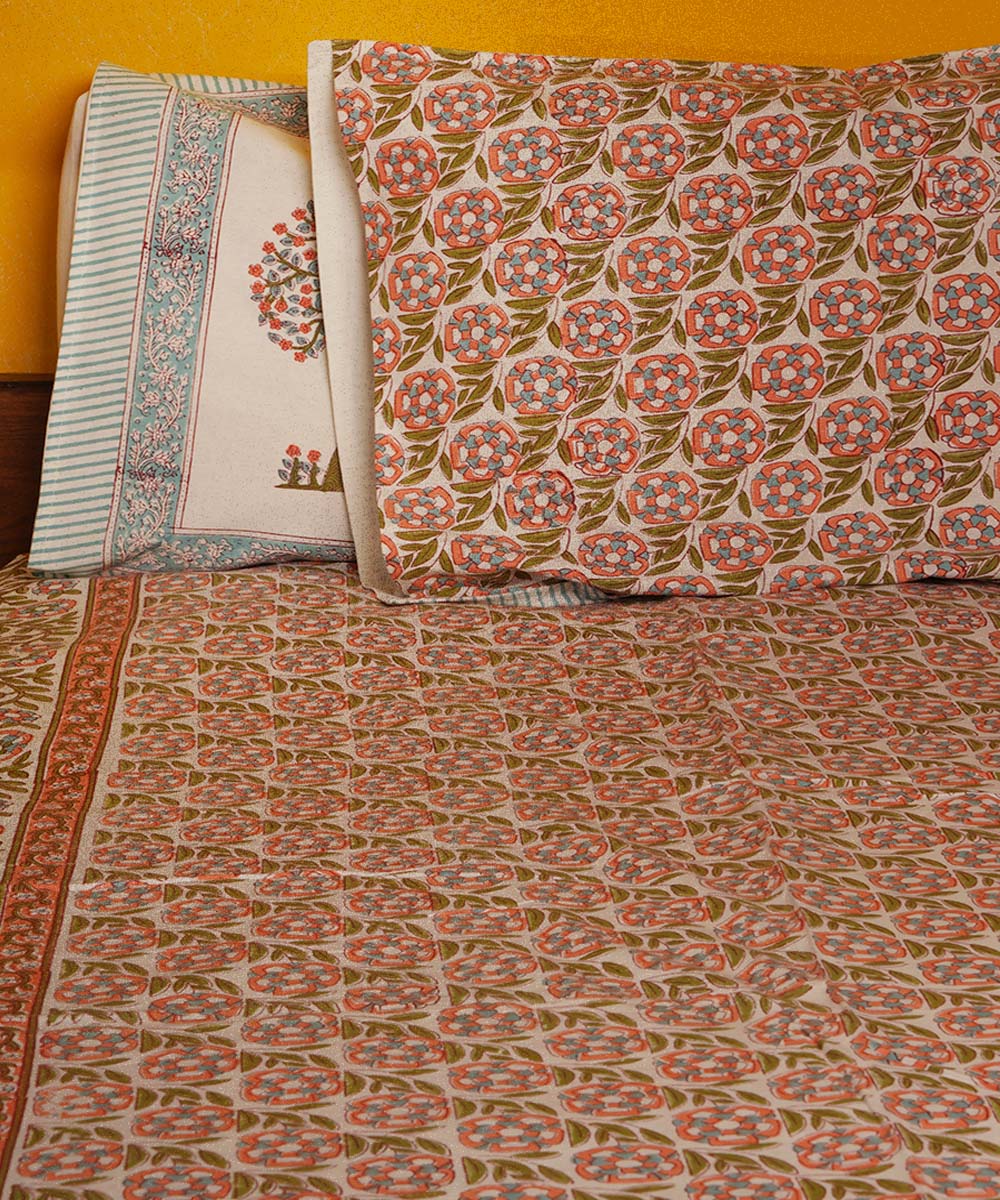 White green brown hand block print cotton bedsheet