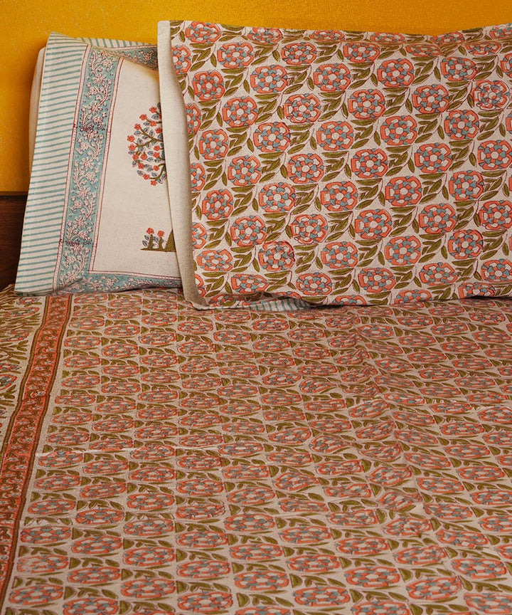 White green brown hand block print cotton bedsheet