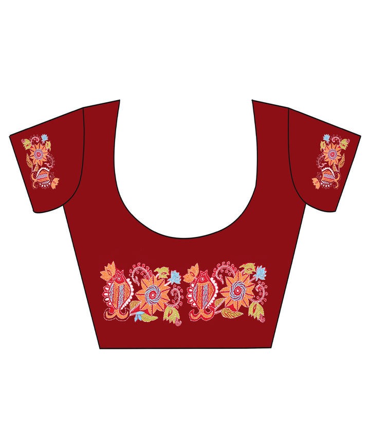 Maroon cotton handloom kantha stitch blouse piece