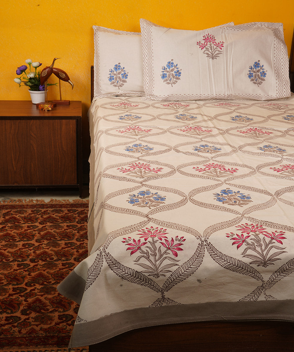 White grey pink hand block print cotton bedsheet