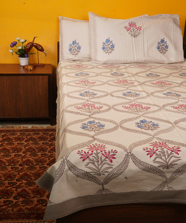 White grey pink hand block print cotton bedsheet