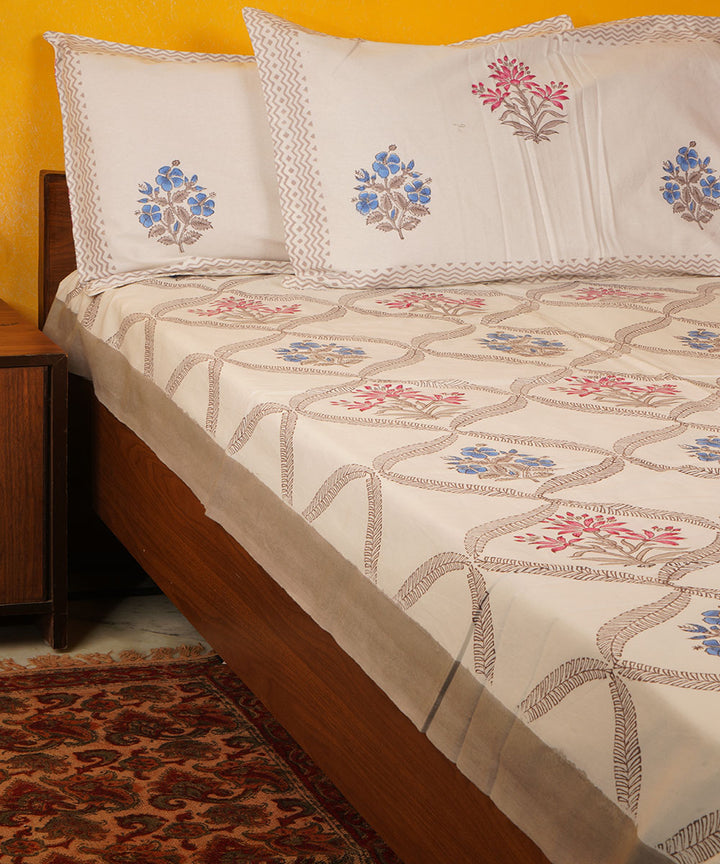 White grey pink hand block print cotton bedsheet