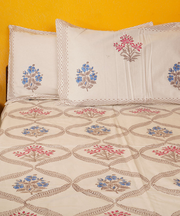 White grey pink hand block print cotton bedsheet