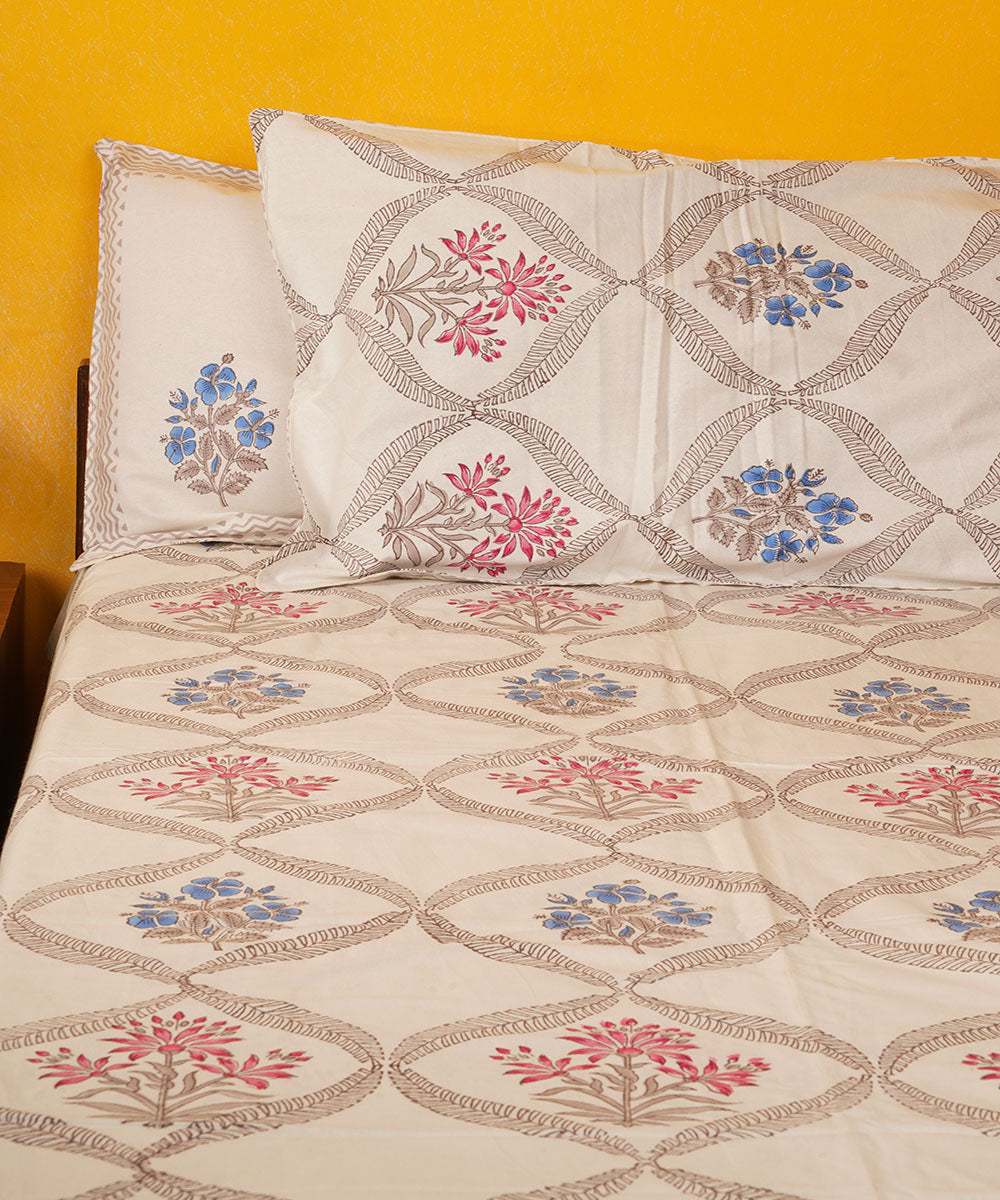 White grey pink hand block print cotton bedsheet