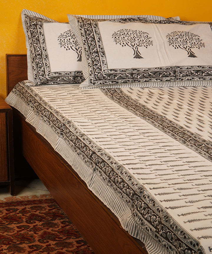 White green handblock printed cotton bedsheet