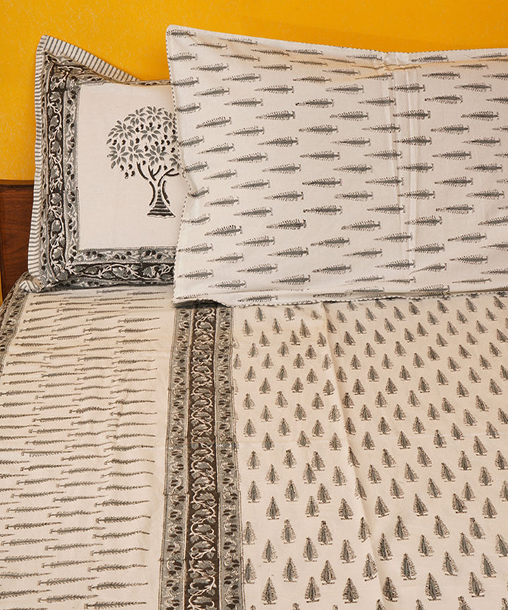 White green handblock printed cotton bedsheet