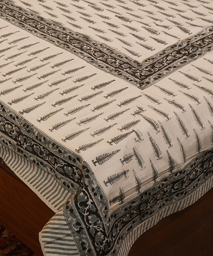 White green handblock printed cotton bedsheet
