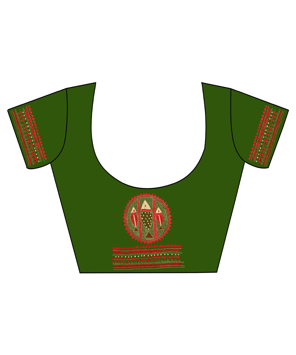 Light green handloom cotton kantha stitch blouse piece