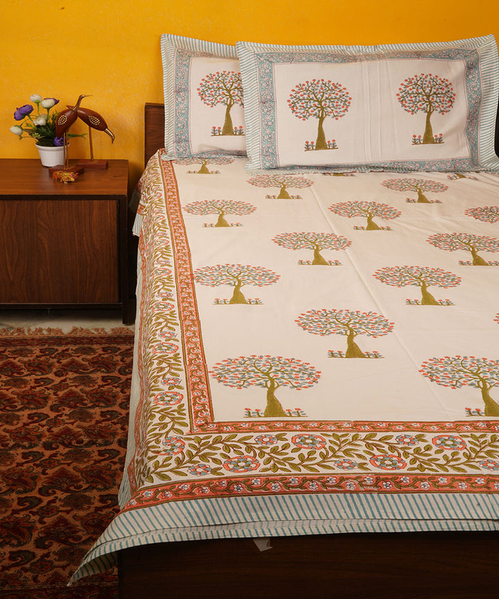 White brown hand block print cotton bedsheet